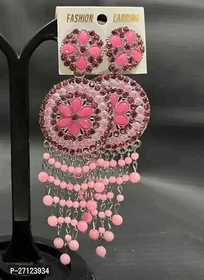 Stylish Pink Metal Pearl Jhumkas Earrings For Women