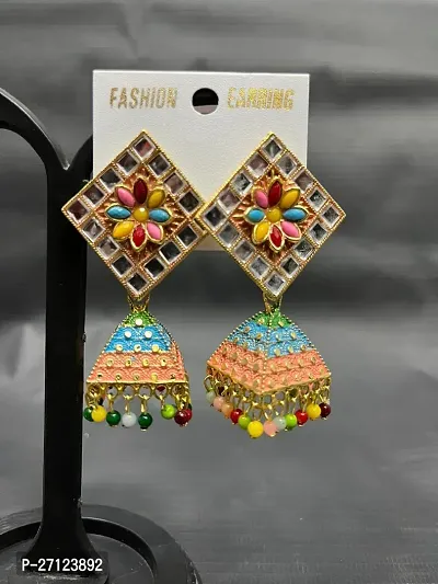 Stylish Multicoloured Metal Pearl Jhumkas Earrings For Women
