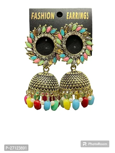 Stylish Multicoloured Metal Pearl Jhumkas Earrings For Women