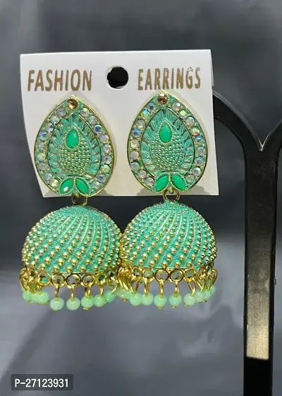 Stylish Green Brass Pearl Jhumkas Earrings For Women