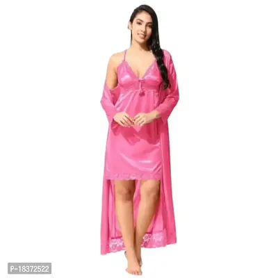 Siami Apparels Satin Nighty/Night Wear Sets With Robe | V- Neck | Solid/Plain | Attractive  Stylish | For Women, Girlfriend, Wife (2 PC Nighty Set)-thumb5