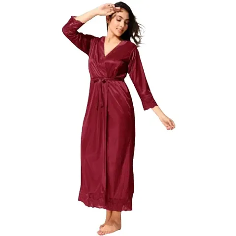 Siami Apparels Solid Satin Nighty/Night Wear Sets With Robe | Attractive Stylish | For Women (2 PC Nighty Set)