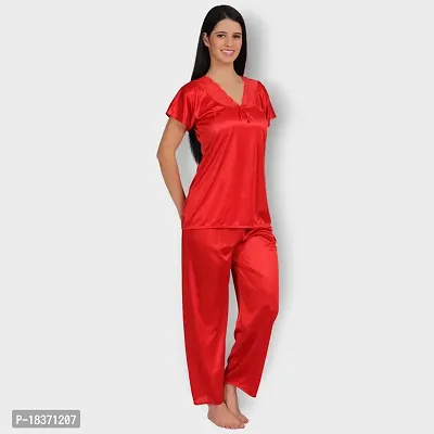 Siami Apparels Solid Satin 4 Piece Nightwear Set (1 Robe, 1 Nighty, 1 Top, 1 Pyjama) for Women | Attractive  Stylish (Free Size, RED)-thumb5