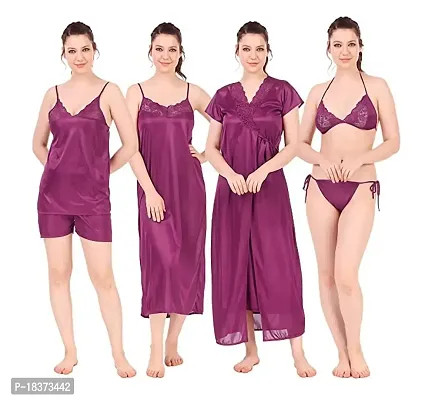 Siami Apparels Satin Nighty Set (1 Robe, 1 Nighty, 1 Top, 1 Shorts, 1 Lingerie Set) | 6 Piece Nightwear | Solid/Plain | Comfy  Stylish | Women (Free Size, Rani)-thumb0