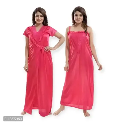 Siami Apparels Solid Satin Nighty with Robe | Stylist  Comfy (2 PC Nighty Set) (Free Size, GAJREE)-thumb0