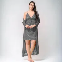 Siami Apparels Satin 2 PC Nighty/Night Wear Set with Robe | V- Neck | Solid/Plain | Attractive  Stylish | for Women, Girlfriend, Wife (Free Size, Grey)-thumb3