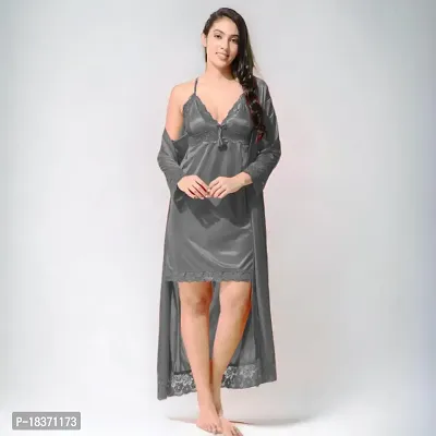 Siami Apparels Satin 2 PC Nighty/Night Wear Set with Robe | V- Neck | Solid/Plain | Attractive  Stylish | for Women, Girlfriend, Wife (Free Size, Grey)-thumb4