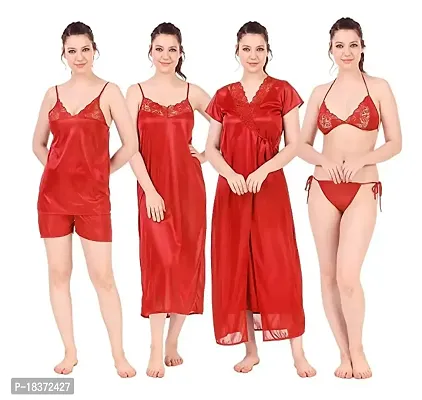 Siami Apparels Satin Nighty Set (1 Robe, 1 Nighty, 1 Top, 1 Shorts, 1 Lingerie Set) | 6 Piece Nightwear | Solid/Plain | Comfy  Stylish | Women (Free Size, Red)