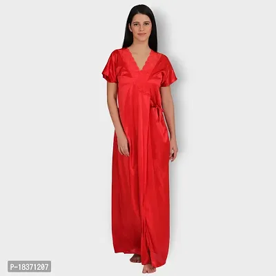 Siami Apparels Solid Satin 4 Piece Nightwear Set (1 Robe, 1 Nighty, 1 Top, 1 Pyjama) for Women | Attractive  Stylish (Free Size, RED)-thumb2