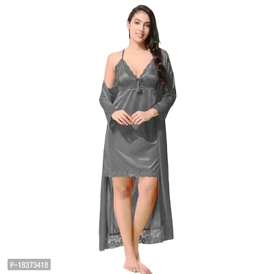 Siami Apparels Satin 2 PC Nighty/Night Wear Set with Robe | V- Neck | Solid/Plain | Attractive  Stylish | for Women, Girlfriend, Wife (X-Large, Grey)-thumb0