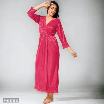 Siami Apparels Satin 2 PC Nighty/Night Wear Set with Robe | V- Neck | Solid/Plain | Attractive  Stylish | for Women, Girlfriend, Wife (X-Large, Gajri)-thumb2