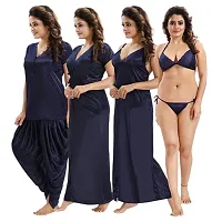 Siami Apparels Solid Satin 6 Piece Nightwear/Nighty Set (1 Robe, 1 Nighty, 1 Top, 1 Patiyala, 1 Lingerie Set) for Women-thumb1