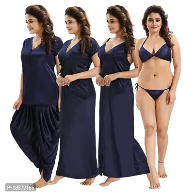 Siami Apparels Solid Satin 6 Piece Nightwear/Nighty Set (1 Robe, 1 Nighty, 1 Top, 1 Patiyala, 1 Lingerie Set) for Women-thumb2