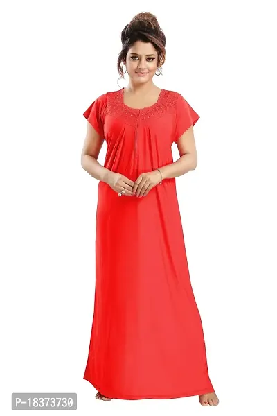 Siami Apparels Plain Nighty | Embroidered Nightgown/Maxi with Front Zip | Viscose Cotton Sleepwear/Nightwear for Women, Wife, Girlfriend (XL, Red)-thumb0