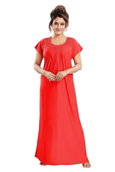 Siami Apparels Plain Nighty | Embroidered Nightgown/Maxi with Front Zip | Viscose Sleepwear/Nightwear for Women, Wife, Girlfriend (XL, Red)