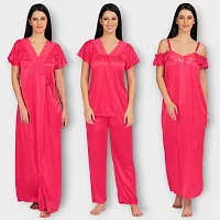 Siami Apparels Solid Satin 4 Piece Nightwear Set (1 Robe, 1 Nighty, 1 Top, 1 Pyjama) for Women | Attractive  Stylish (Free Size, Gajri)-thumb1