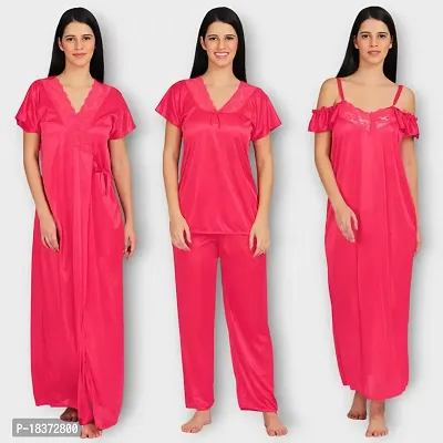 Siami Apparels Solid Satin 4 Piece Nightwear Set (1 Robe, 1 Nighty, 1 Top, 1 Pyjama) for Women | Attractive  Stylish (Free Size, Gajri)-thumb2