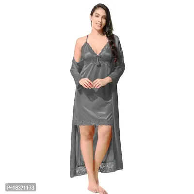 Siami Apparels Satin 2 PC Nighty/Night Wear Set with Robe | V- Neck | Solid/Plain | Attractive  Stylish | for Women, Girlfriend, Wife (Free Size, Grey)-thumb0