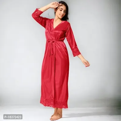 Siami Apparels Satin Nighty/Night Wear Sets With Robe | V- Neck | Solid/Plain | Attractive  Stylish | For Women, Girlfriend, Wife (2 PC Nighty Set)-thumb3