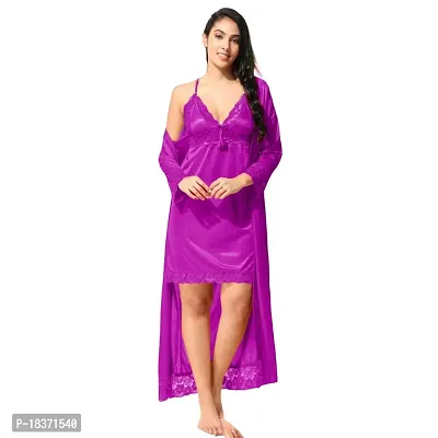 Siami Apparels Satin 2 PC Nighty/Night Wear Set with Robe | V- Neck | Solid/Plain | Attractive  Stylish | for Women, Girlfriend, Wife (XX-Large, Purple)-thumb0