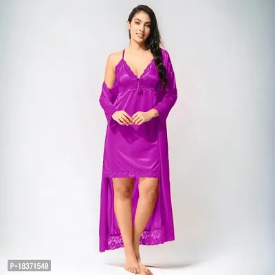 Siami Apparels Satin 2 PC Nighty/Night Wear Set with Robe | V- Neck | Solid/Plain | Attractive  Stylish | for Women, Girlfriend, Wife (XX-Large, Purple)-thumb4