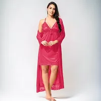 Siami Apparels Satin 2 PC Nighty/Night Wear Set with Robe | V- Neck | Solid/Plain | Attractive  Stylish | for Women, Girlfriend, Wife (Free Size, Gajri)-thumb1