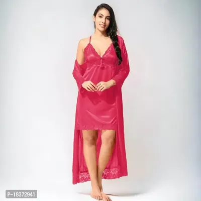 Siami Apparels Satin 2 PC Nighty/Night Wear Set with Robe | V- Neck | Solid/Plain | Attractive  Stylish | for Women, Girlfriend, Wife (Free Size, Gajri)-thumb2