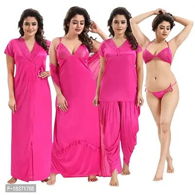 Siami Apparels Solid Satin 6 Piece Nightwear/Nighty Set (1 Robe, 1 Nighty, 1 Top, 1 Patiyala, 1 Lingerie Set) for Women