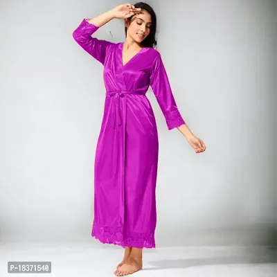 Siami Apparels Satin 2 PC Nighty/Night Wear Set with Robe | V- Neck | Solid/Plain | Attractive  Stylish | for Women, Girlfriend, Wife (XX-Large, Purple)-thumb3