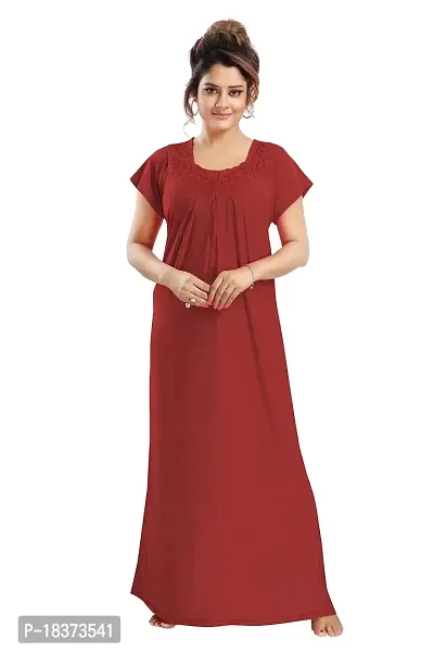 Siami Apparels Plain Nighty | Embroidered Nightgown/Maxi with Front Zip | Viscose Cotton Sleepwear/Nightwear for Women, Wife, Girlfriend (XL, Maroon)-thumb0