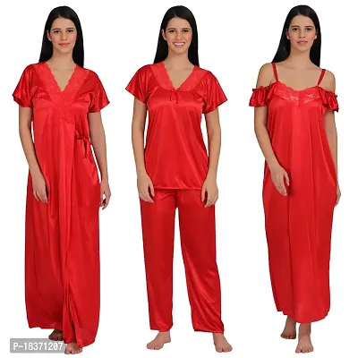 Siami Apparels Solid Satin 4 Piece Nightwear Set (1 Robe, 1 Nighty, 1 Top, 1 Pyjama) for Women | Attractive  Stylish (Free Size, RED)