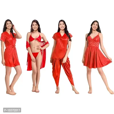 Siami Apparels Solid Satin 6 Piece Nightwear/Nighty Set | Attractive  Stylish | (1 Robe, 1 Nighty, 1 Top, 1 Patiala, 1 bra and panty set) for Women (Free Size, Red)