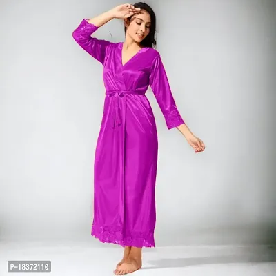 Siami Apparels Satin 2 PC Nighty/Night Wear Set with Robe | V- Neck | Solid/Plain | Attractive  Stylish | for Women, Girlfriend, Wife (X-Large, Purple)-thumb2