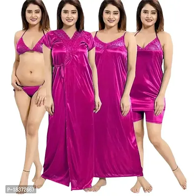 Siami Apparels Solid Satin 6 Piece Nightwear Set (1 Robe, 1 Nighty, 1 Top, 1 Shorts, 1 Lingerie Set) for Women | Comfy  Stylish (Free Size, Rani)