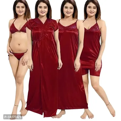 Siami Apparels Solid Satin 6 Piece Nightwear Set (1 Robe, 1 Nighty, 1 Top, 1 Shorts, 1 Lingerie Set) for Women | Comfy  Stylish (Free Size, MEHROON)