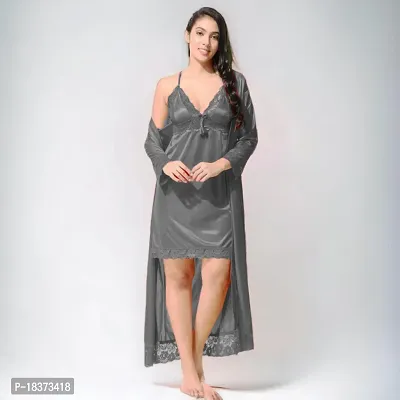 Siami Apparels Satin 2 PC Nighty/Night Wear Set with Robe | V- Neck | Solid/Plain | Attractive  Stylish | for Women, Girlfriend, Wife (X-Large, Grey)-thumb4