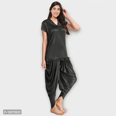 Siami Apparels Solid Satin 6 Piece Nightwear/Nighty Set | Attractive  Stylish | (1 Robe, 1 Nighty, 1 Top, 1 Patiala, 1 bra and panty set) for Women (Free Size, Black)-thumb4