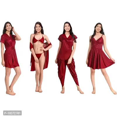 Siami Apparels Solid Satin 6 Piece Nightwear/Nighty Set | Attractive  Stylish | (1 Robe, 1 Nighty, 1 Top, 1 Patiala, 1 bra and panty set) for Women (Free Size, Mehroon)