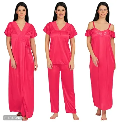 Siami Apparels Solid Satin 4 Piece Nightwear Set (1 Robe, 1 Nighty, 1 Top, 1 Pyjama) for Women | Attractive  Stylish (Free Size, Gajri)