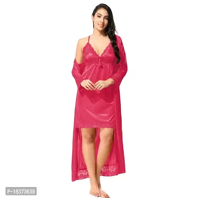 Siami Apparels Satin 2 PC Nighty/Night Wear Set with Robe | V- Neck | Solid/Plain | Attractive  Stylish | for Women, Girlfriend, Wife (X-Large, Gajri)