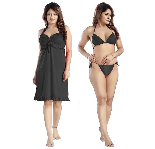 Siami Solid Plain Short Nighty Set With lingirie set (1 nighty, 1 bra a panty) | Attractive Stylish Night Wear | Comfy Plain | For Women, Wife, Girlfriend (Black, Free Size)