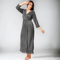 Siami Apparels Satin 2 PC Nighty/Night Wear Set with Robe | V- Neck | Solid/Plain | Attractive  Stylish | for Women, Girlfriend, Wife (Free Size, Grey)-thumb1