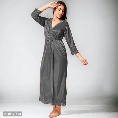 Siami Apparels Satin 2 PC Nighty/Night Wear Set with Robe | V- Neck | Solid/Plain | Attractive  Stylish | for Women, Girlfriend, Wife (Free Size, Grey)-thumb2