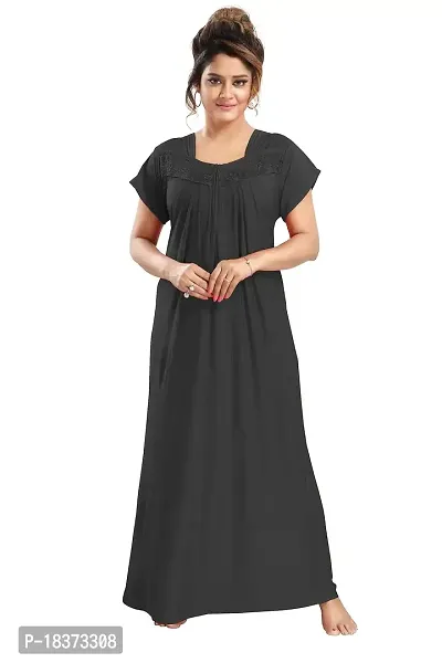 Siami Apparels Solid Maxi Nighty | Embroidered Casual  Regular Nightwear | Comfy Sleepwear | Cotton Nightgown for Women/Mother/Girlfriend/Wife (XL, Black)-thumb0