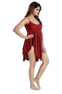 Siami Apparels Satin Short Nighty With lingirie Set (1 nighty, 1 bra  a panty) | Attractive  Stylish Night Wear | Comfy  Plain | For Women, Wife, Girlfriend (Mehroon, Free Size)-thumb1