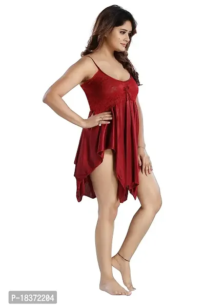 Siami Apparels Satin Short Nighty With lingirie Set (1 nighty, 1 bra  a panty) | Attractive  Stylish Night Wear | Comfy  Plain | For Women, Wife, Girlfriend (Mehroon, Free Size)-thumb2