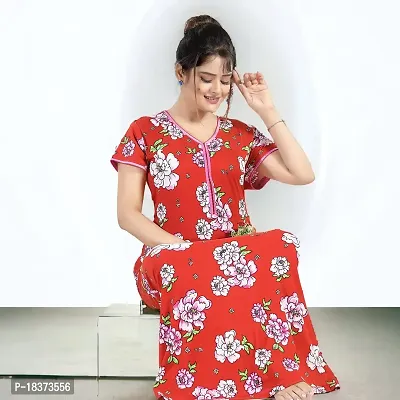 Siami Printed Cotton Viscose Nighty Wear | Printed Nightwear | Stylish, Attractive  Fancy | Floral Print | Short-Sleeves (Free Size, Red)-thumb3