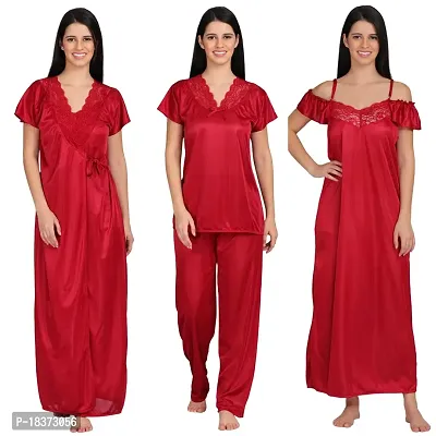 Siami Apparels Solid Satin 4 Piece Nightwear Set (1 Robe, 1 Nighty, 1 Top, 1 Pyjama) for Women | Attractive  Stylish (Free Size, MEHROON)-thumb0