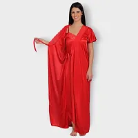 Siami Apparels Solid Satin 4 Piece Nightwear Set (1 Robe, 1 Nighty, 1 Top, 1 Pyjama) for Women | Attractive  Stylish (Free Size, RED)-thumb2