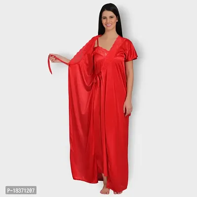 Siami Apparels Solid Satin 4 Piece Nightwear Set (1 Robe, 1 Nighty, 1 Top, 1 Pyjama) for Women | Attractive  Stylish (Free Size, RED)-thumb3